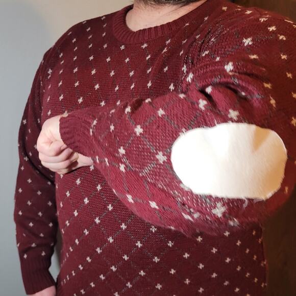 Vintage 80s Mens Maroon Diamond Sweater Sz Medium Elbow Patches Grandpacore - Picture 5 of 10